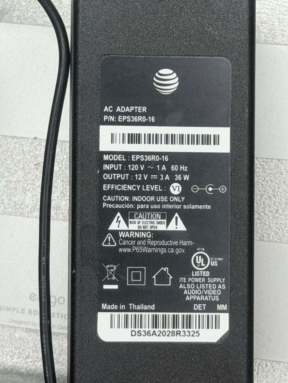 AT&T EPS36R0-16 12V 3A 36W AC Power Adapter